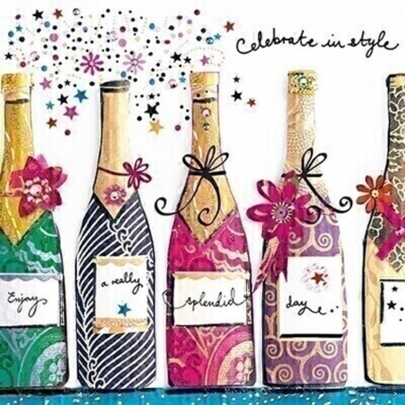 This Birthday greetings card from Paper Rose is decorated with colourful bottles of fizz complete with confetti and the middle bottle is 3D with Celebrate in Style written on the front. The card is perfect to send to someone celebrating a birthday and it has Have a Very Happy Birthday written on the inside. Comes complete with a purple envelope.